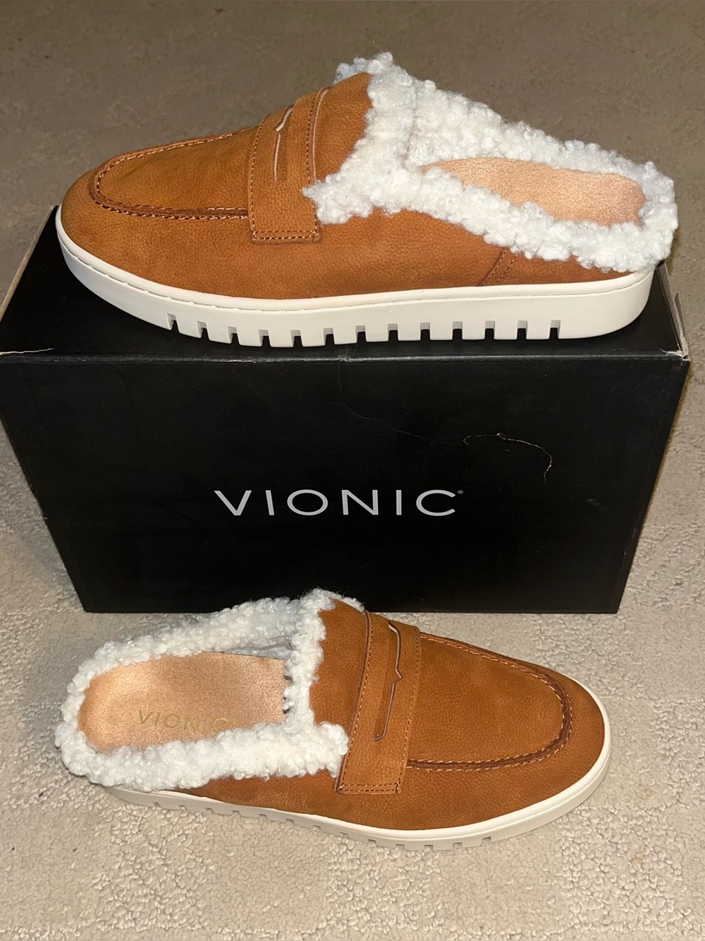 Vionic Uptown Faux Shearling Mules Brandy Brown Women’s Size 7.5